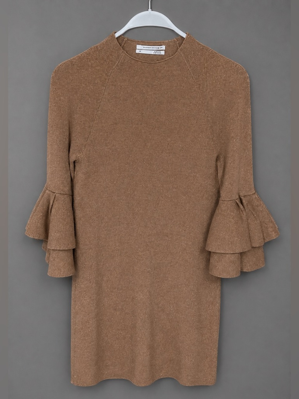 Anthropologie Claudette Tan Metallic Thread Bell Sleeve Sweater Dress SZ…